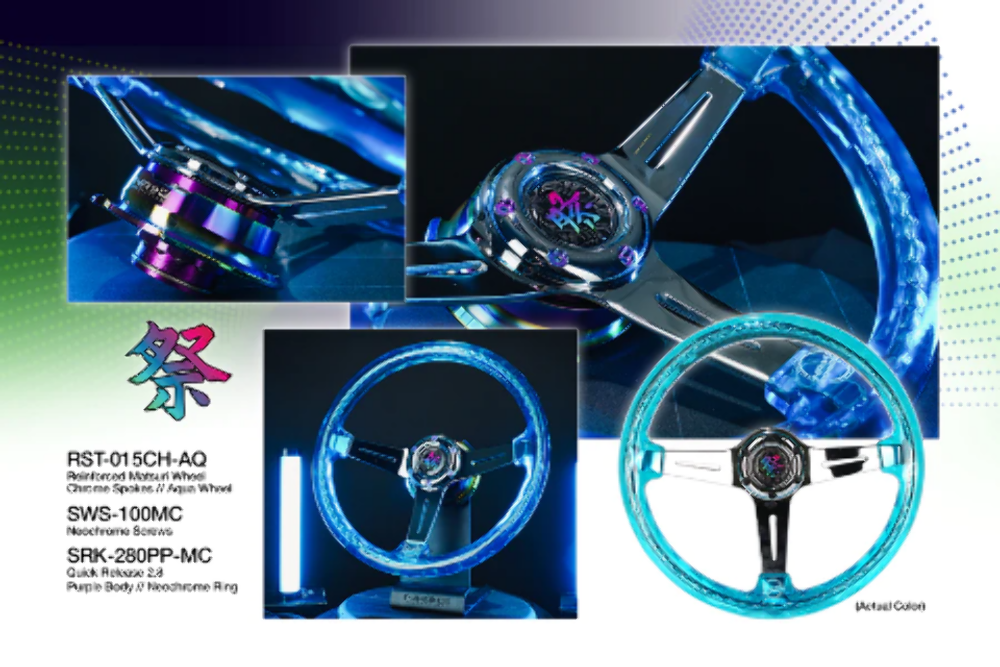 Reinforced Steering Wheel - "Matsuri" 350mm 2" Deep Dish Clear Acrylic Steering Wheel in Purple and Chrome spoke finish with slits.