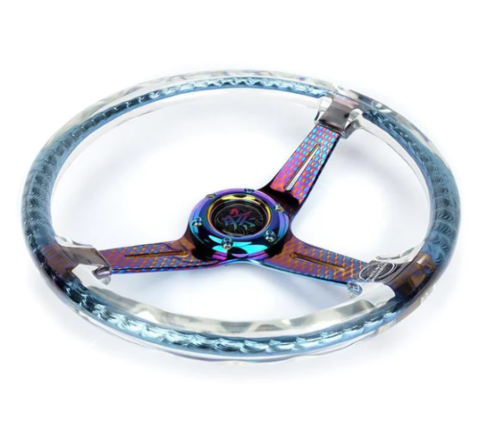 Reinforced Steering Wheel - "Matsuri" 350mm 2" Deep Dish Clear Acrylic Steering Wheel and NeoChrome spoke finish with slits.