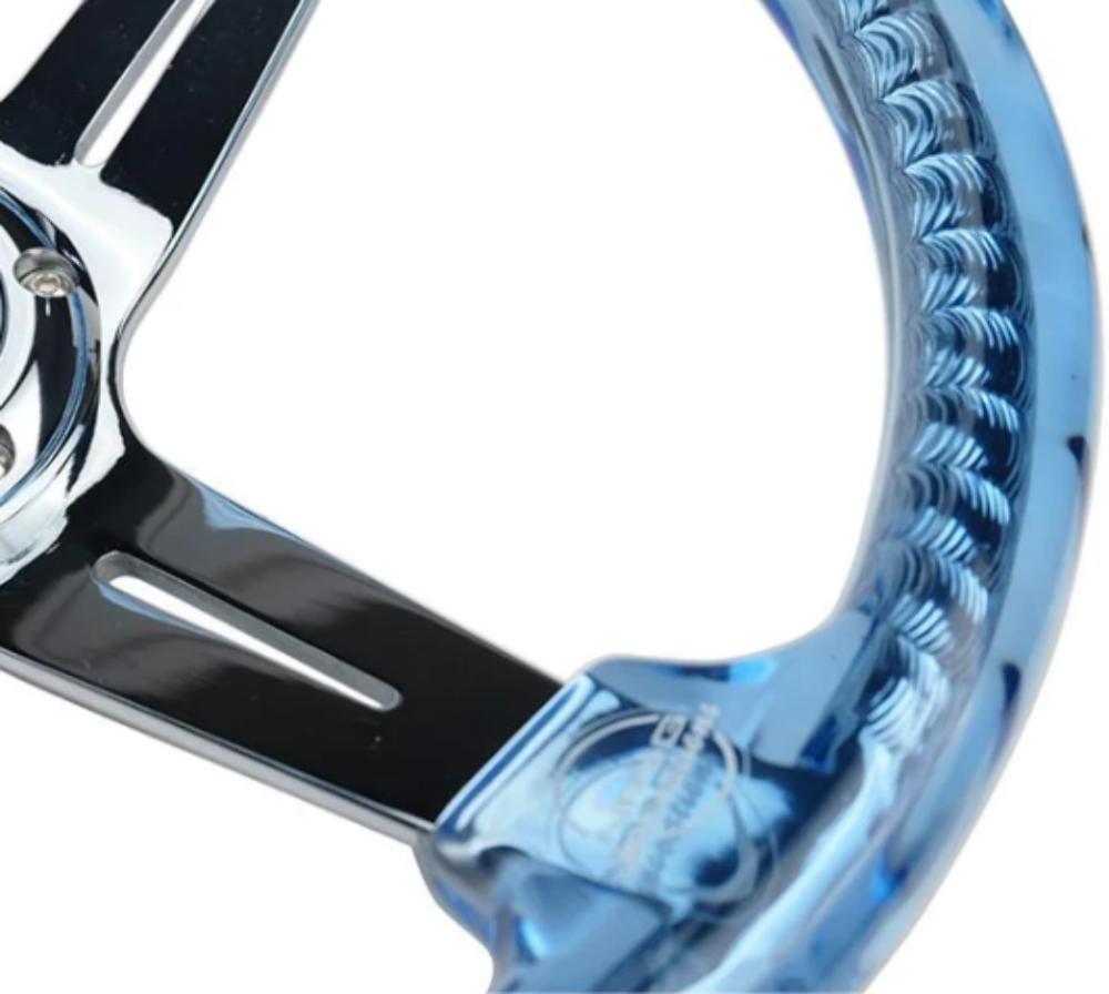 Reinforced Steering Wheel - "Matsuri" 350mm 2" Deep Dish Clear Acrylic Steering Wheel and NeoChrome spoke finish with slits.