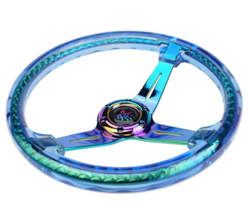 Reinforced Steering Wheel - "Matsuri" 350mm 2" Deep Dish Clear Acrylic Steering Wheel and NeoChrome spoke finish with slits.