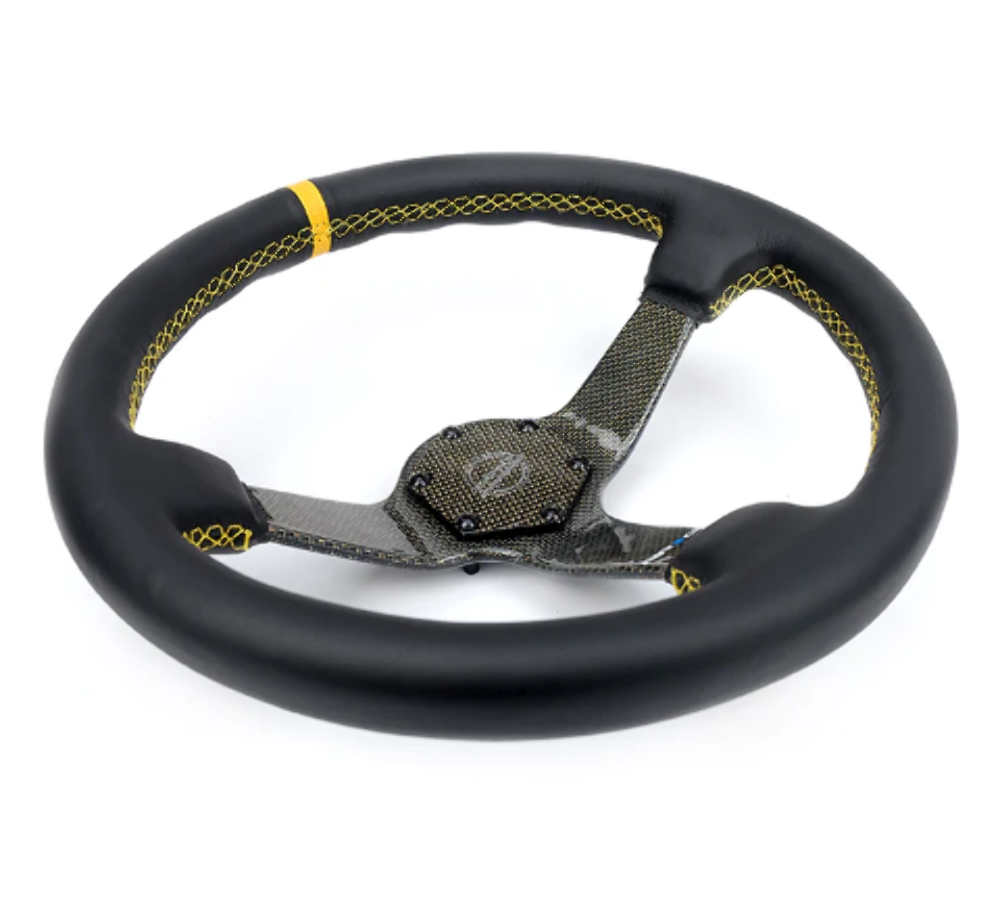 CARBON FIBER STEERING WHEEL 350mm SILVER Carbon Fiber, SILVER stiching, SILVER center mark, Leather