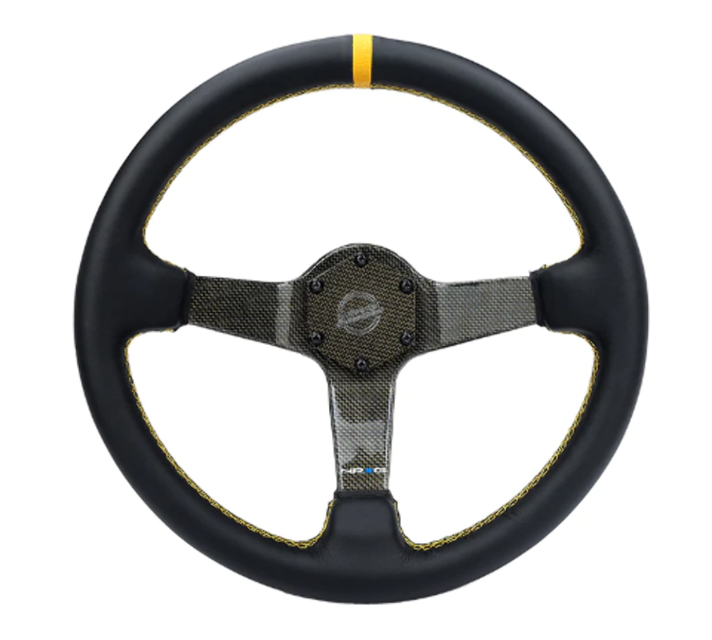 CARBON FIBER STEERING WHEEL 350mm Gold Carbon Fiber, Gold stiching, Gold center mark, Leather