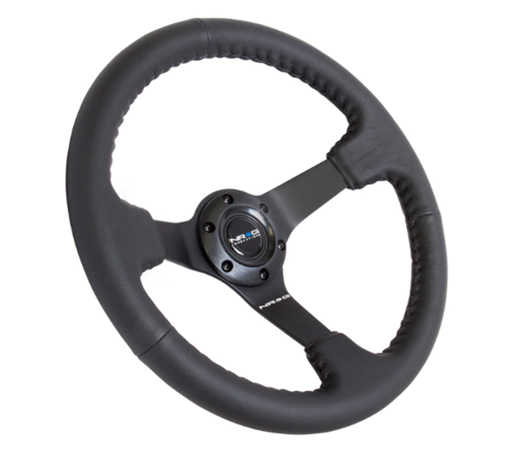 Reinforced Steering Wheel- RACE STYLE - 350mm sport steering wheel (3' deep) black Leather w/ Black baseball stitching - Matte Black spoke