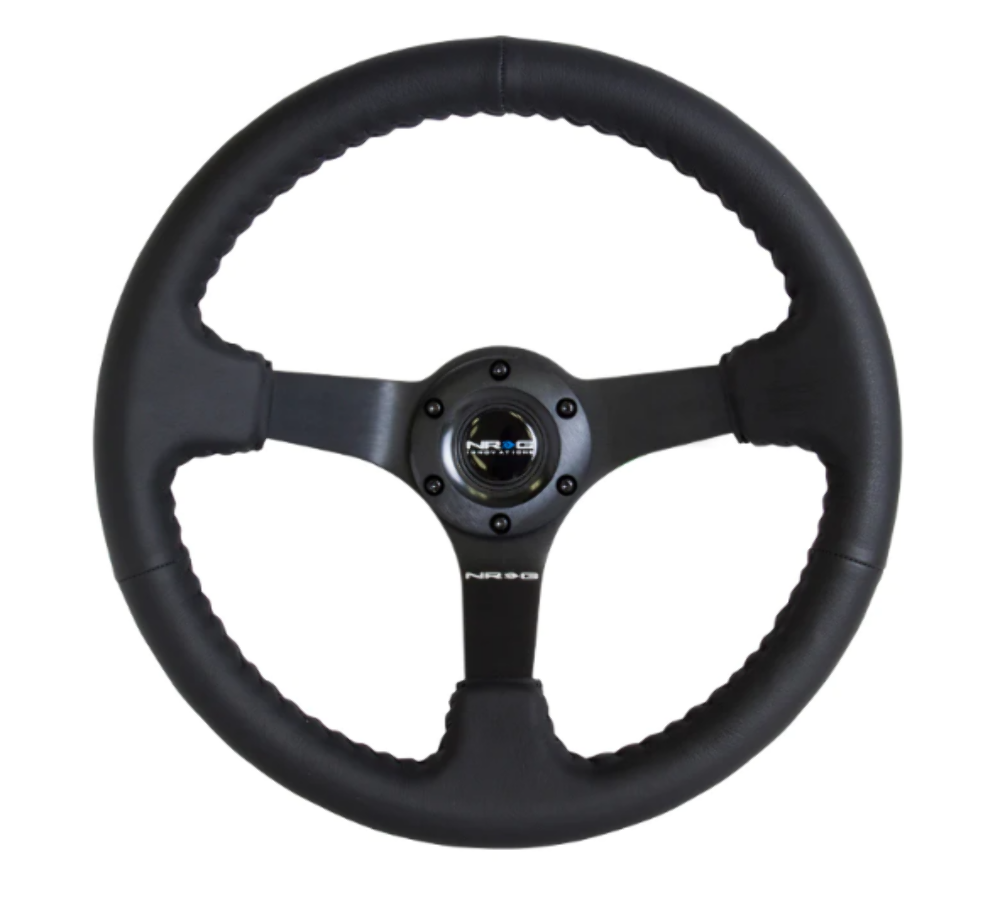 Reinforced Steering Wheel- RACE STYLE - 350mm sport steering wheel (3' deep) black Leather w/ Black baseball stitching - Matte Black spoke