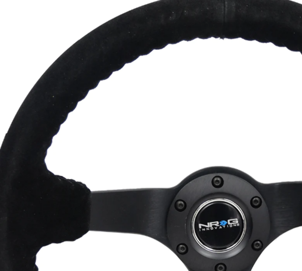 Reinforced Steering Wheel- RACE STYLE - 350mm sport steering wheel (3' deep) black Suede w/ Black baseball stitching - Matte Black spoke