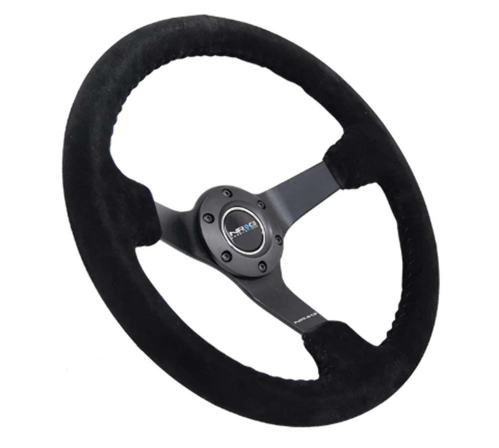 Reinforced Steering Wheel- RACE STYLE - 350mm sport steering wheel (3' deep) black Suede w/ Black baseball stitching - Matte Black spoke