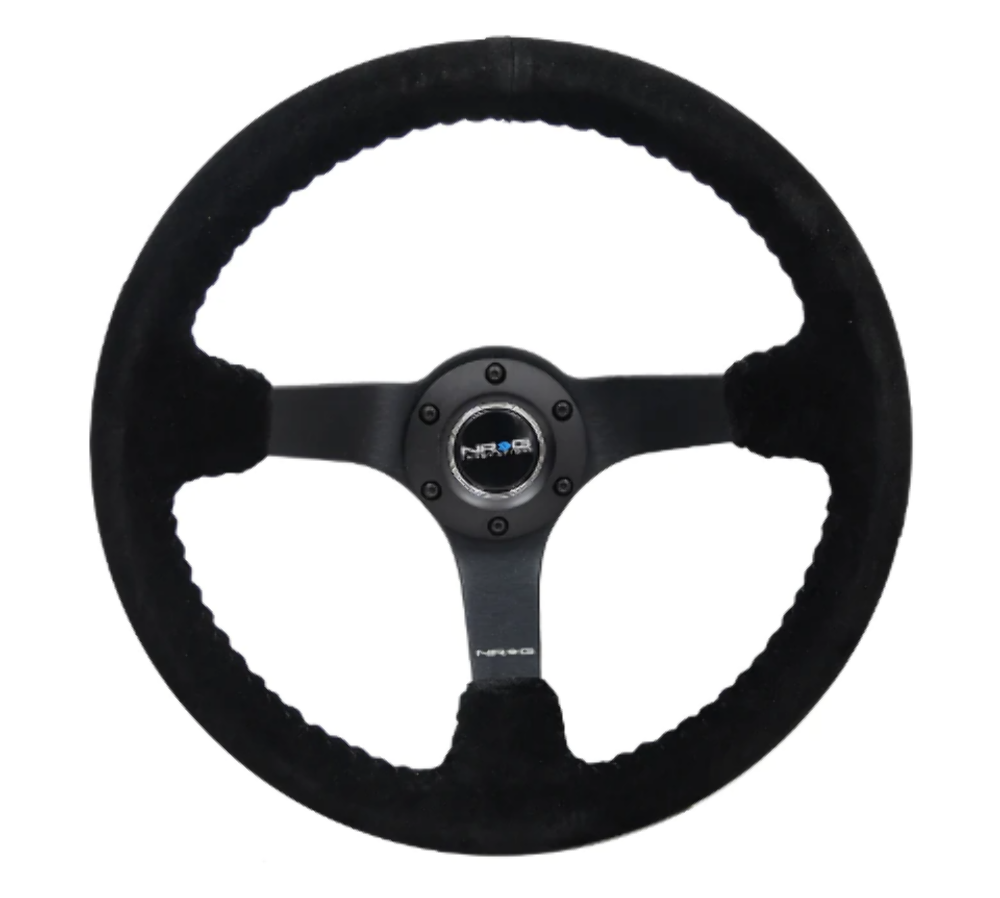 Reinforced Steering Wheel- RACE STYLE - 350mm sport steering wheel (3' deep) black Suede w/ Black baseball stitching - Matte Black spoke