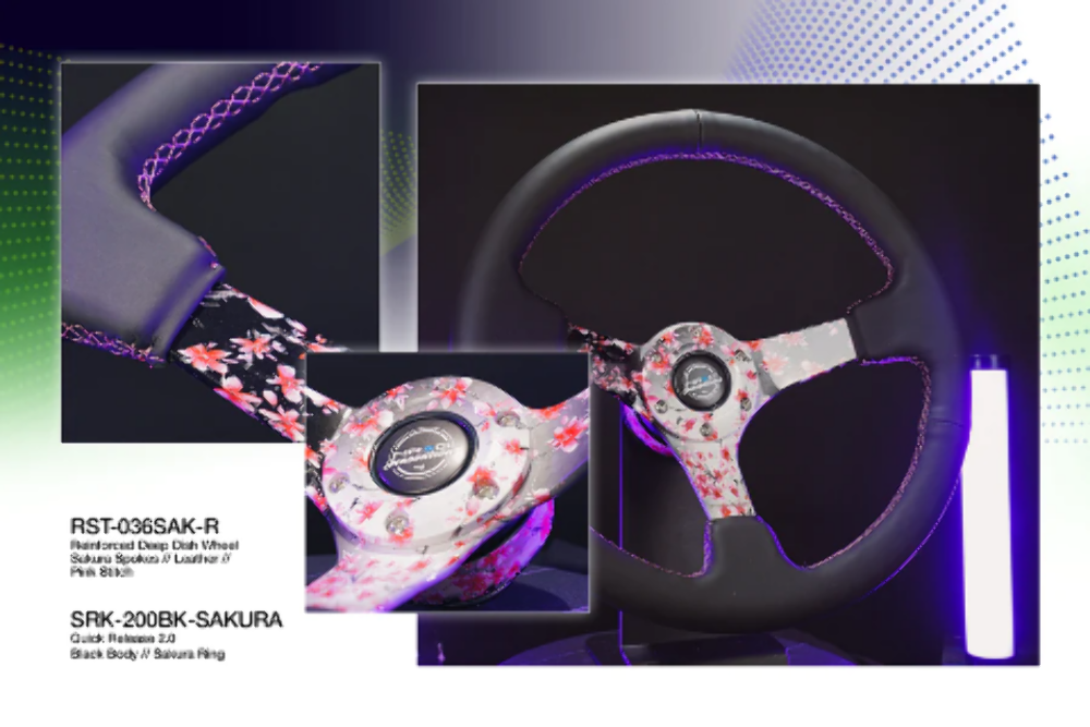 Reinforced Steering Wheel - Hydro Dipped Sakura Floral 3" Deep, 5mm spoke, 350mm Sport Steering Wheel Pink Suede w/ Black baseball stitching