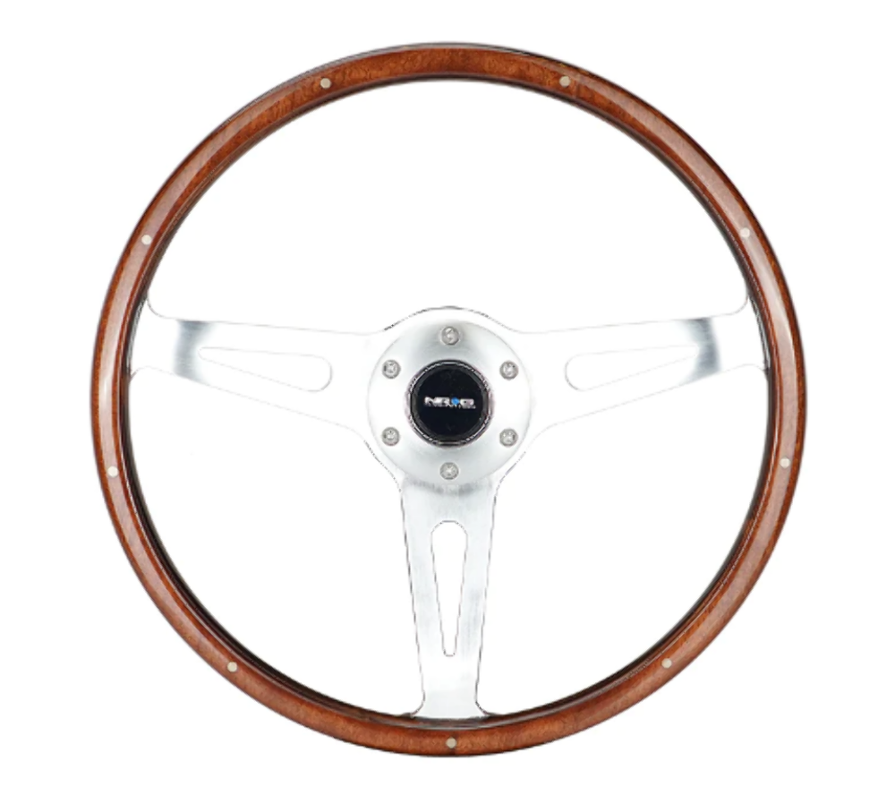 Reinforced Classic Dark Wood Grain Wheel, 360mm, 3 spoke center in chrome