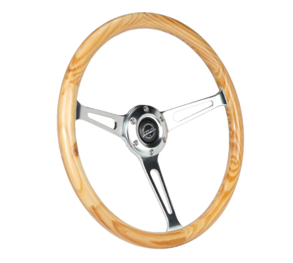 Reinforced Classic Light Wood Grain Wheel, 380mm, 3 spoke center in shinny chrome with slits