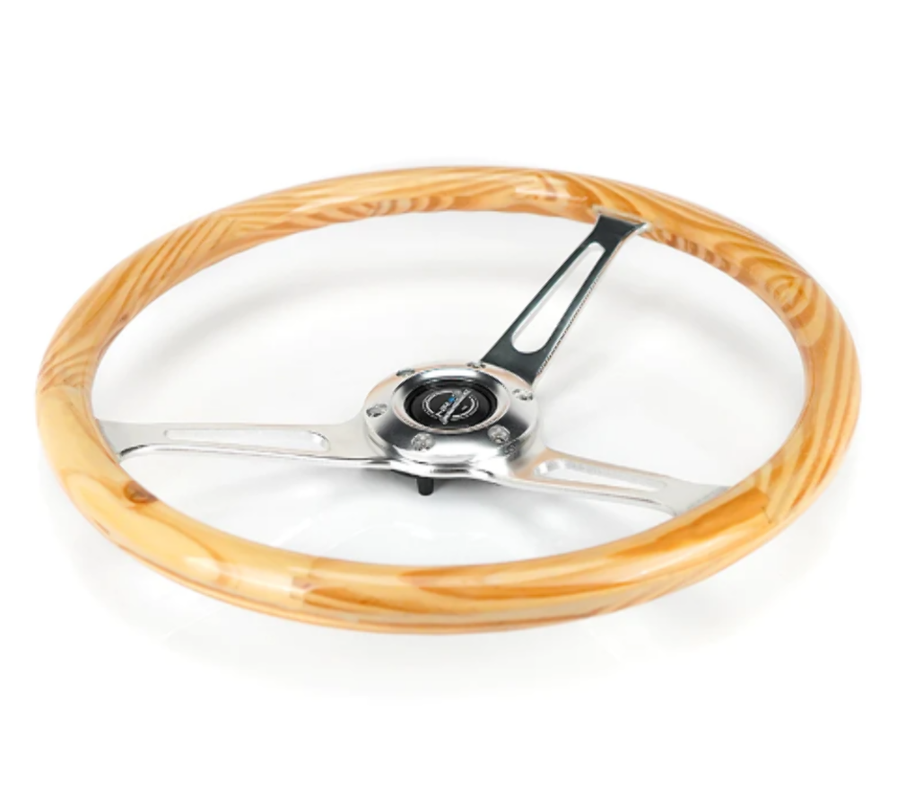 Reinforced Classic Light Wood Grain Wheel, 380mm, 3 spoke center in shinny chrome with slits