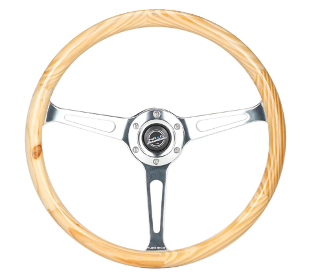 Reinforced Classic Light Wood Grain Wheel, 380mm, 3 spoke center in shinny chrome with slits