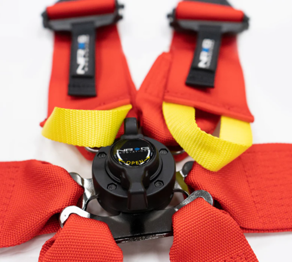 FIA Approved 6pt 2 inch Shoulder Belt for HANS device. Rotary Cam Lock Buckle, 3" Waist Belt and Crutch Belt - Red