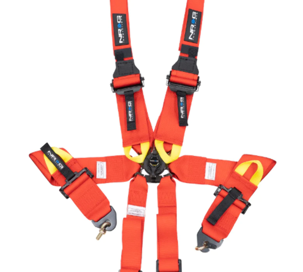 FIA Approved 6pt 2 inch Shoulder Belt for HANS device. Rotary Cam Lock Buckle, 3" Waist Belt and Crutch Belt - Red