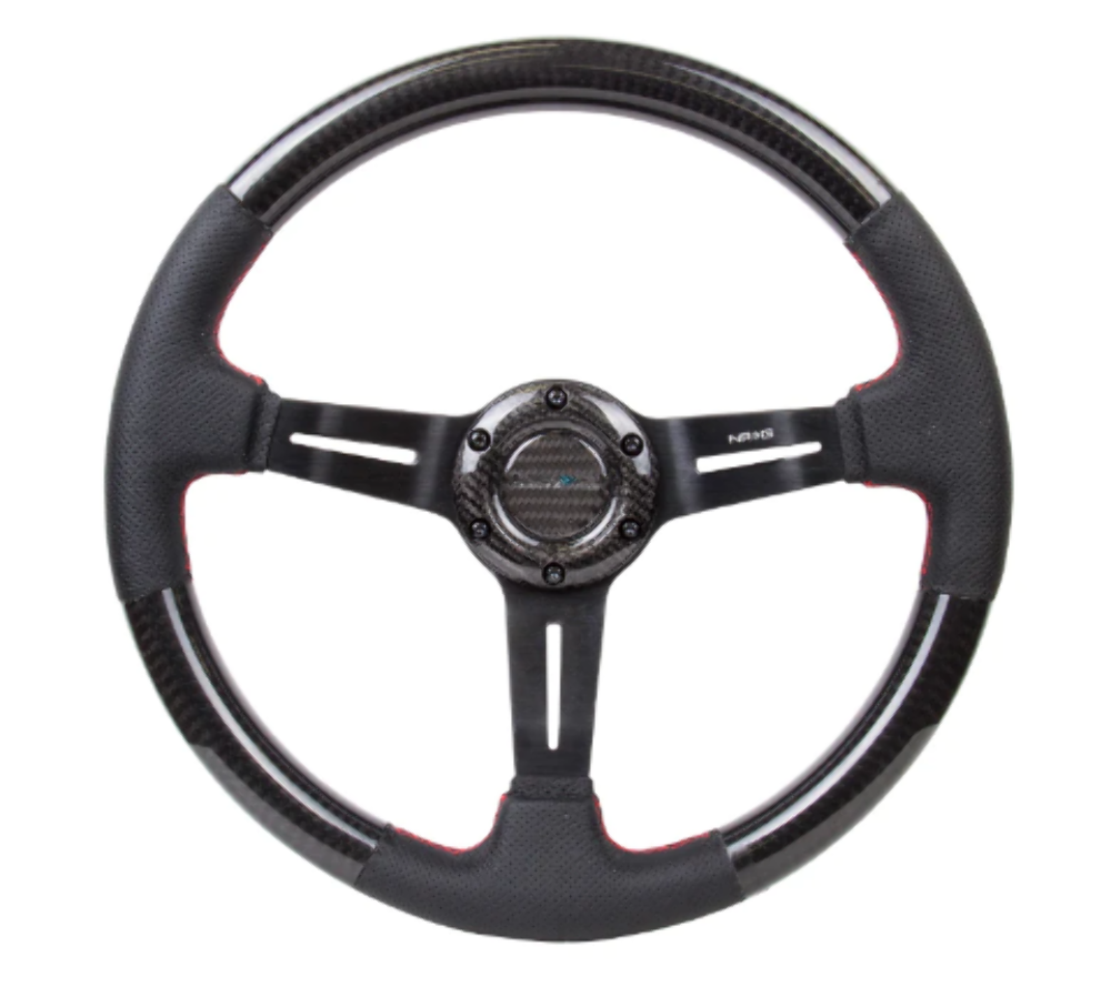 CARBON FIBER STEERING WHEEL W/ LEATHER ACCENT 350mm 1.5" DEEP BLACK STICHING