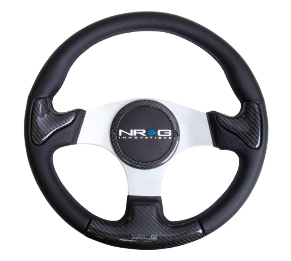 CARBON FIBER STEERING WHEEL 350mm Blk frame blk stitching w/ RUBBER COVER HORN BUTTON