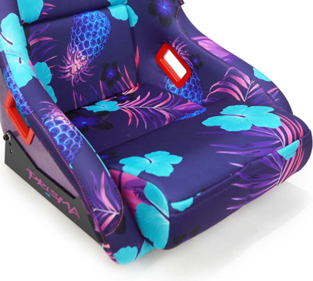 FRP Bucket Seat PRISMA- PINA Version with Purple pearlized back. Violet Tropical print finish in vegan material plus phone pockets. (Medium)