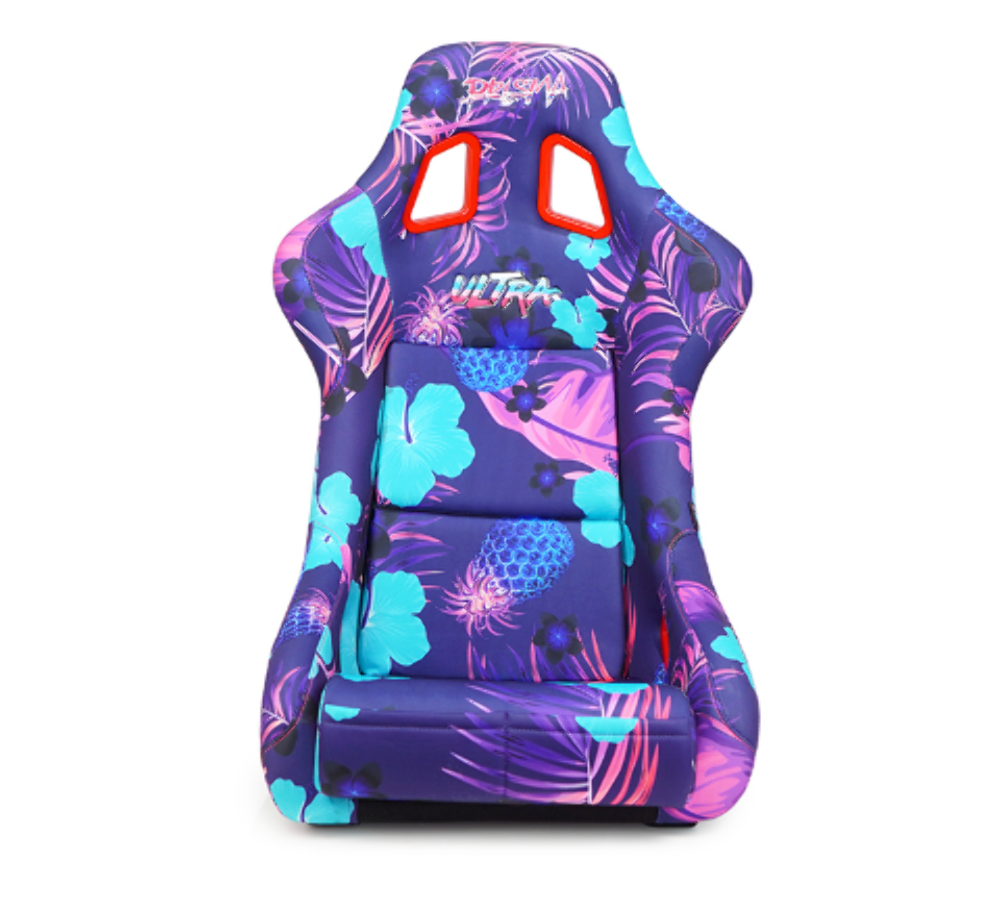 FRP Bucket Seat PRISMA- PINA Version with Purple pearlized back. Violet Tropical print finish in vegan material plus phone pockets. (Medium)