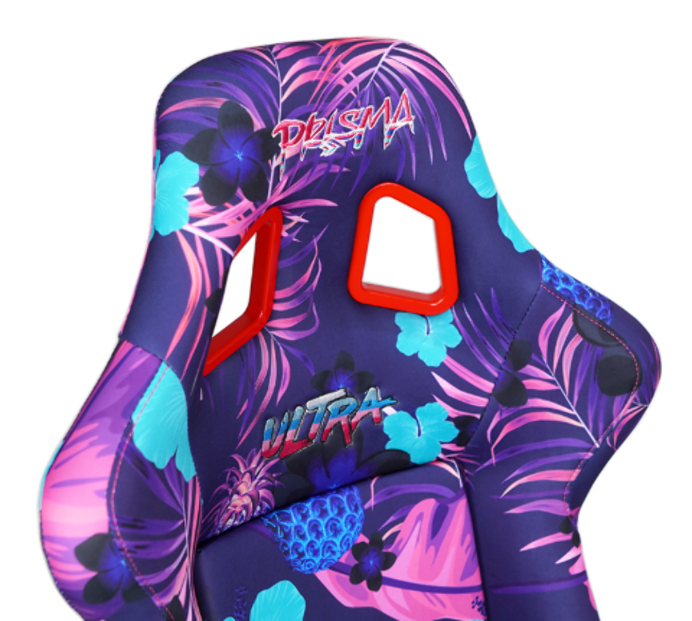 FRP Bucket Seat PRISMA- PINA Version with Purple pearlized back. Violet Tropical print finish in vegan material plus phone pockets. (Medium)