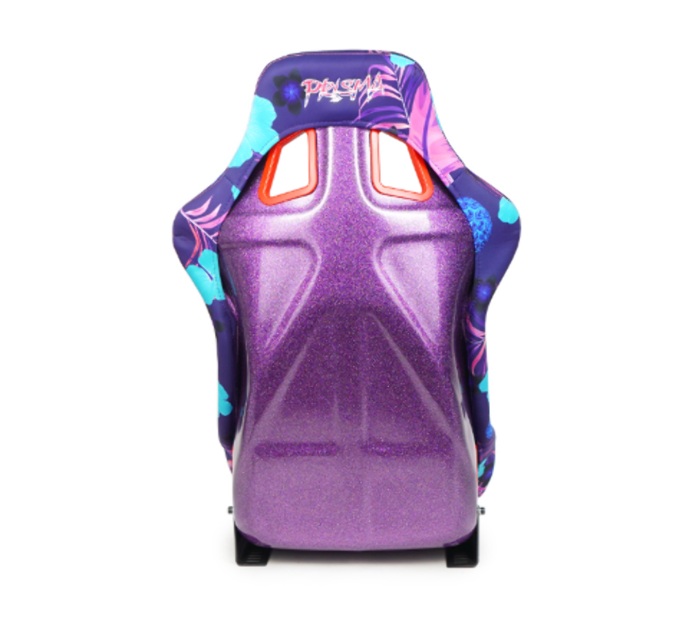 FRP Bucket Seat PRISMA- PINA Version with Purple pearlized back. Violet Tropical print finish in vegan material plus phone pockets. (Medium)