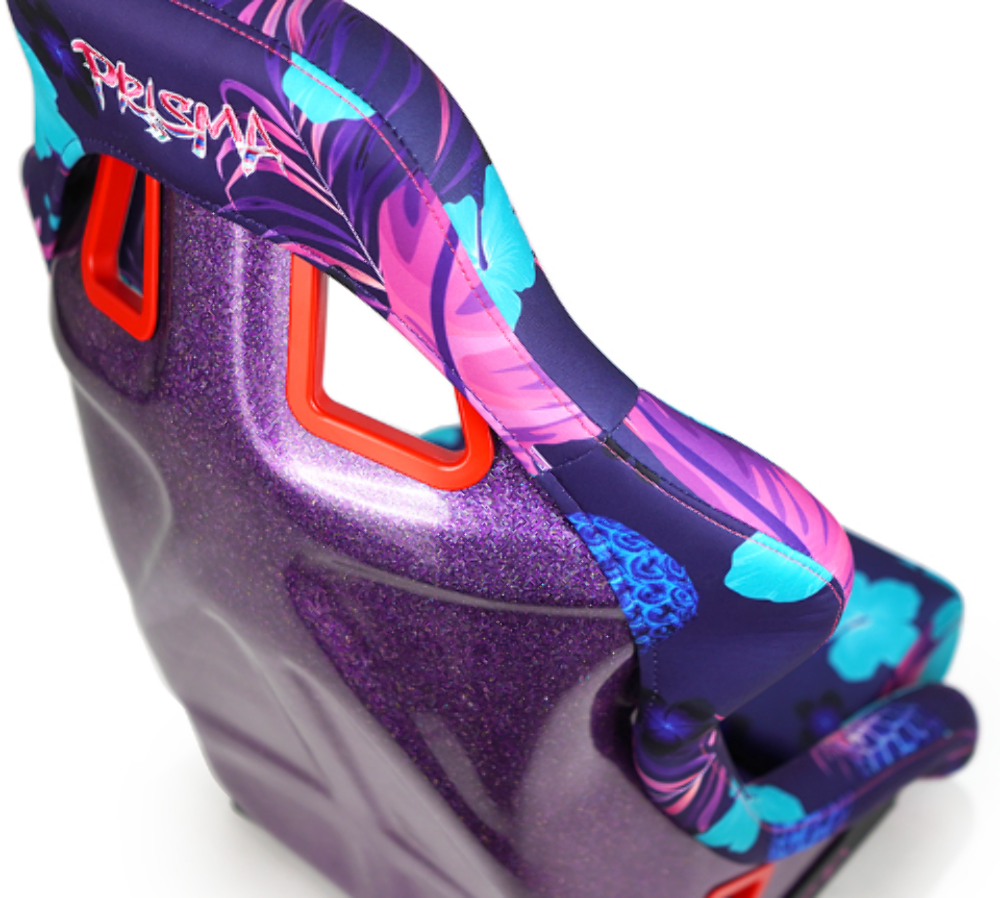 FRP Bucket Seat PRISMA- PINA Version with Purple pearlized back. Violet Tropical print finish in vegan material plus phone pockets. (Medium)