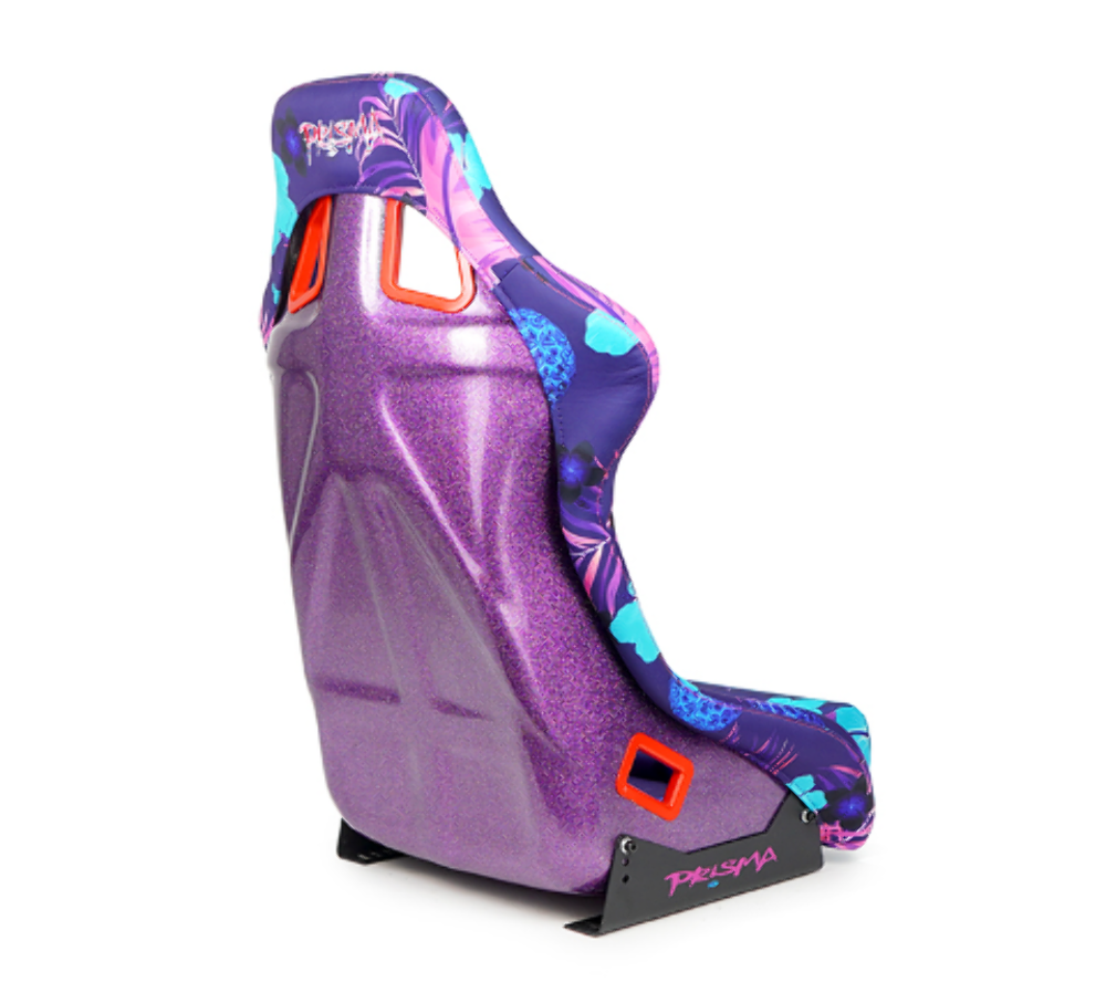 FRP Bucket Seat PRISMA- PINA Version with Purple pearlized back. Violet Tropical print finish in vegan material plus phone pockets. (Medium)