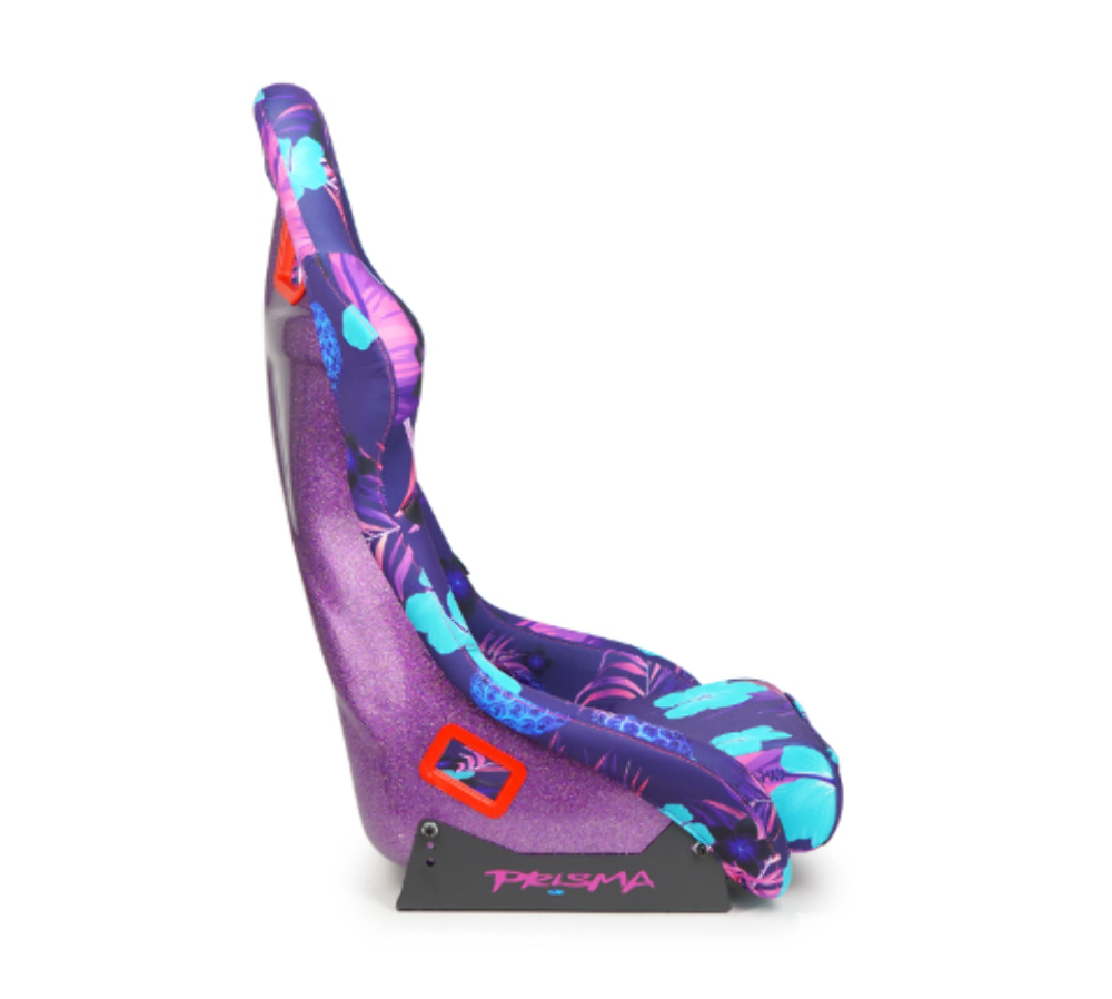 FRP Bucket Seat PRISMA- PINA Version with Purple pearlized back. Violet Tropical print finish in vegan material plus phone pockets. (Medium)