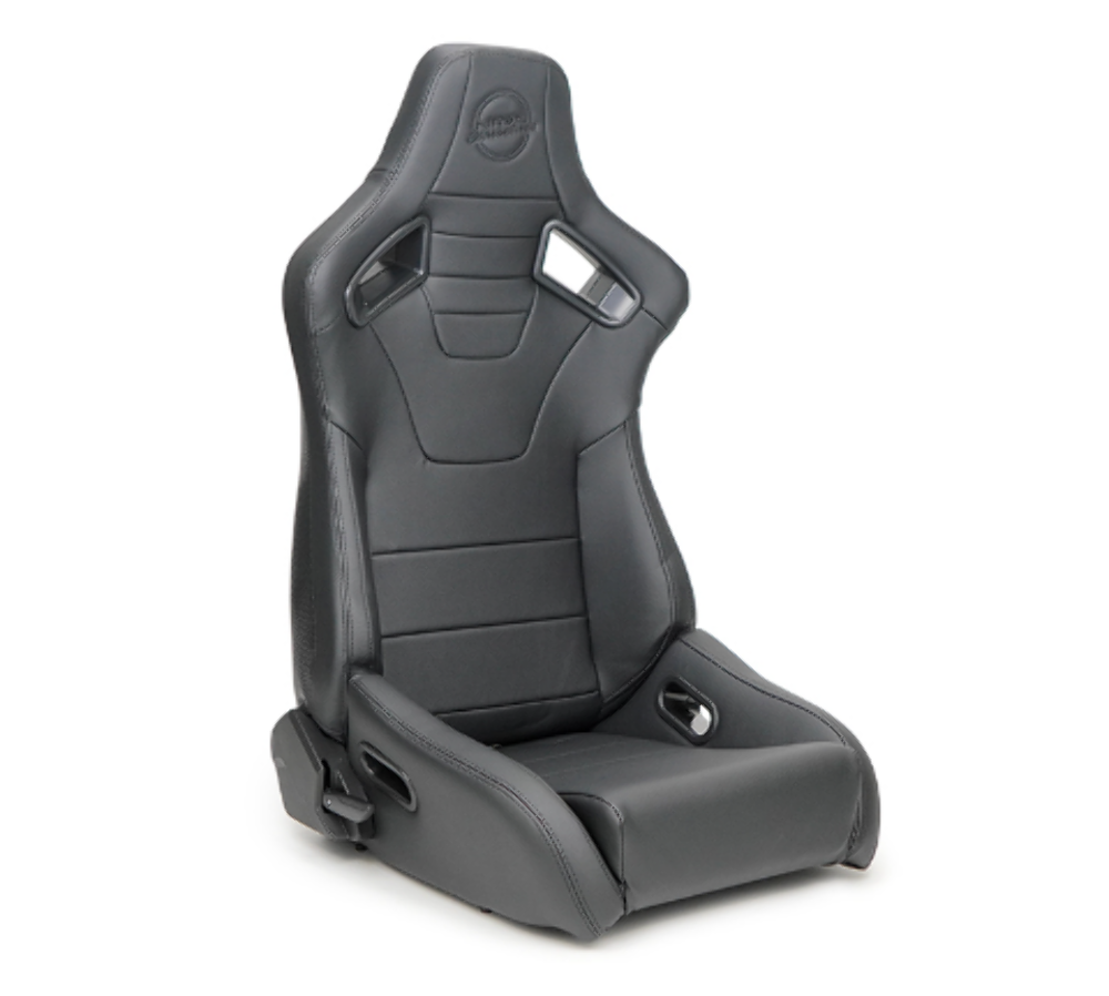 Omega Reclined Seat with large side support Black Vegan Leather with Black Carbon Vinyl Back with Embossed NRG logo ( Price Showned in Pairs)