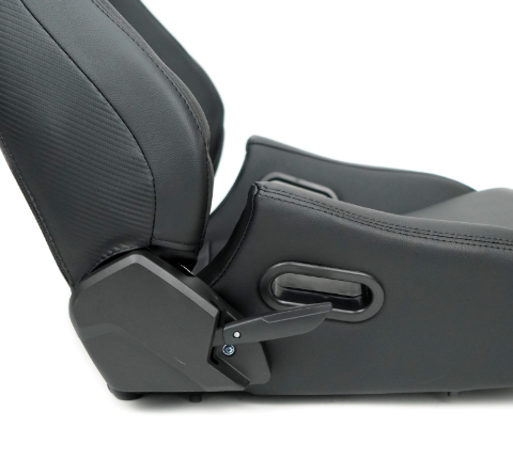 Omega Reclined Seat with large side support Black Vegan Leather with Black Carbon Vinyl Back with Embossed NRG logo ( Price Showned in Pairs)