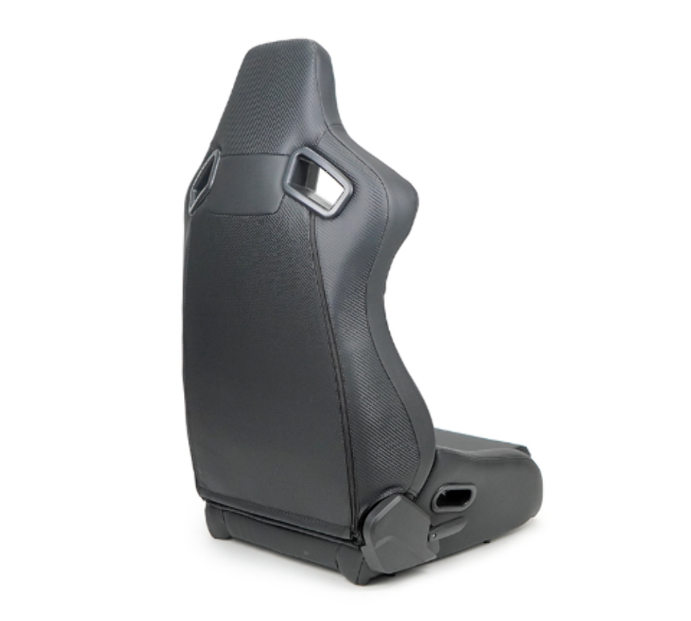 Omega Reclined Seat with large side support Black Vegan Leather with Black Carbon Vinyl Back with Embossed NRG logo ( Price Showned in Pairs)