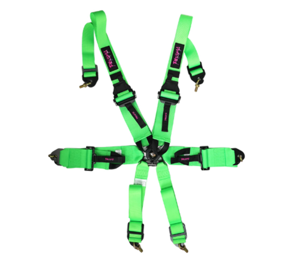 FIA Approved 6pt 2 inch Shoulder Belt for HANS device. Rotary Cam Lock Buckle, 3" Waist Belt and Crutch Belt - Neon Green w/ Prisma logo