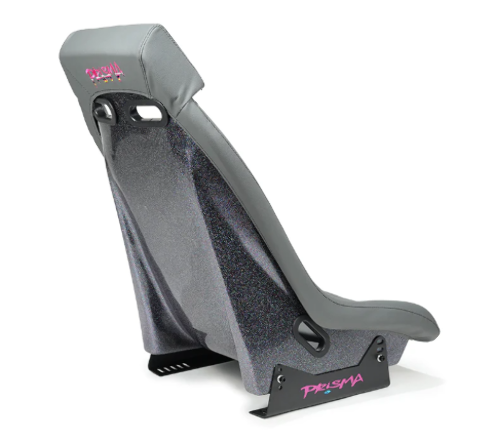 GTS Retro Bucket Seat features Gunmetal PVC Leather, Gunmetal stitching, Colorful multi color Fiberglass back with glitter