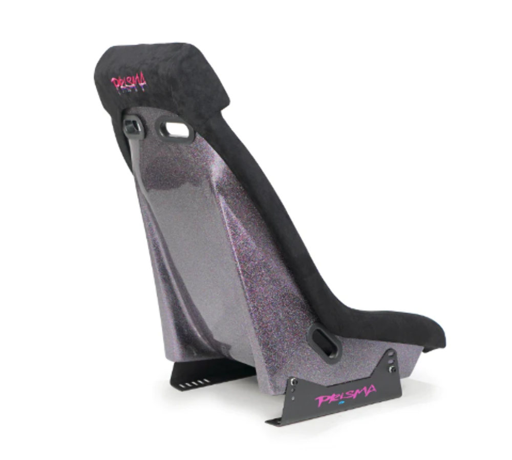 GTS Retro Bucket Seat features Gunmetal PVC Leather, Gunmetal stitching, Colorful multi color Fiberglass back with glitter