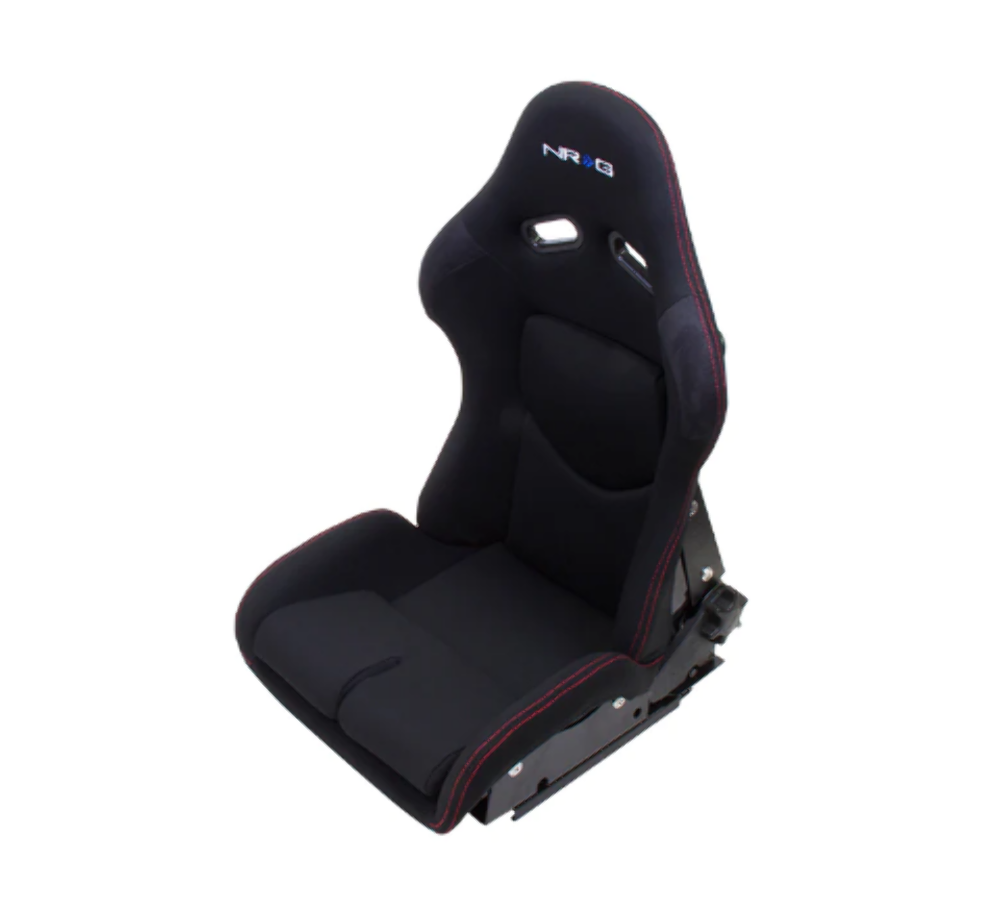 Reclinable FRP Bucket Seat, black cloth, red stitching with Black backing ( one piece)