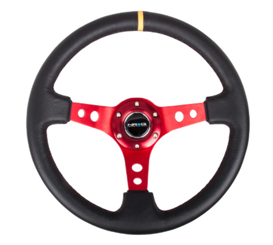 Reinforced Steering Wheel - 350mm Sport Steering Wheel (3" Deep) - Red Spoke w/ Round holes / Black Leather / Yellow Center Mark
