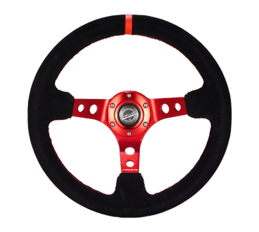 Reinforced Steering Wheel - 350mm Sport Steering Wheel (3" Deep) - Red Spoke w/ Round holes / Black Leather / Red Stitching / Red Center Mark