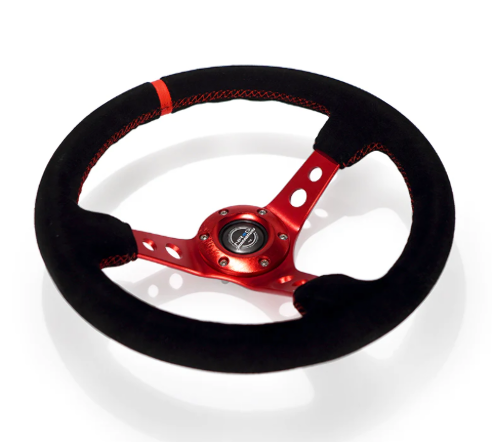 Reinforced Steering Wheel - 350mm Sport Steering Wheel (3" Deep) - Red Spoke w/ Round holes / Black Leather / Red Stitching / Red Center Mark