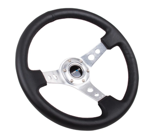 Reinforced Steering Wheel - 350mm Sport Steering Wheel (3" Deep) - SILVER Spoke w/ Round holes / Black Leather