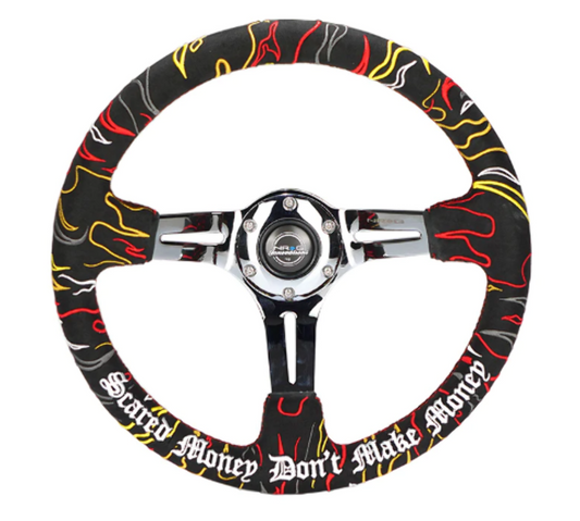 Reinforced Steering Wheel - Ryan Litteral Signature  3" Deep, 5 mm chrome spoke with slit spokes. Black Alcantara, Red Stitching, Flame Embroidery"Scare Money Don't Make Money" Finish.
