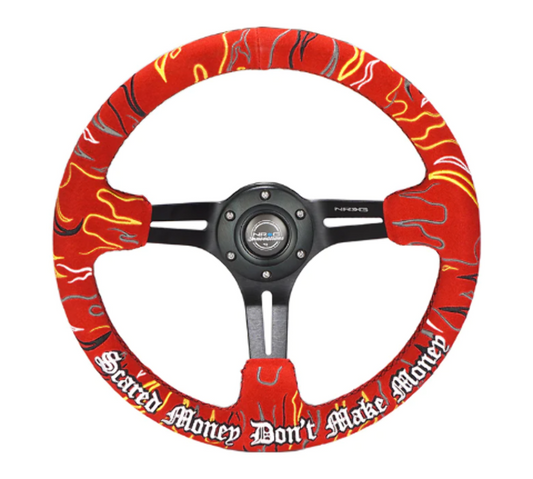 Reinforced Steering Wheel - Ryan Litteral Signature  3" Deep, 5 mm chrome spoke with slit spokes. Red Alcantara, Red Stitching, Flame Embroidery"Scare Money Don't Make Money" Finish.