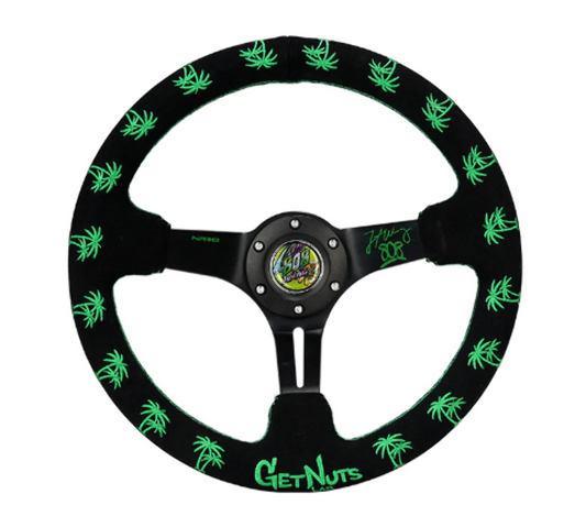 Reinforced Steering Wheel - Forrest Wang Signature 3" Deep, 5mm Solid Signature Spoke, 350mm Sport Steering Wheel Black Suede w/ Green Palm Trees