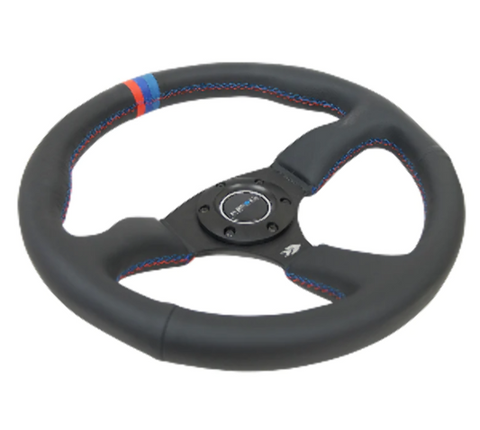 Reinforced Steering Wheel - 350mm Sport Leather Racing ( 2.5" Deep) Comfort Grip, 4mm matte black spoke with m3 stitching and line