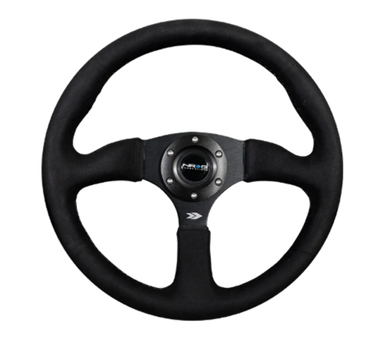 Reinforced Steering Wheel - 350mm Sport Leather Racing ( 2.5" Deep) Comfort Grip, 4mm matte black spoke with Alcantara finish