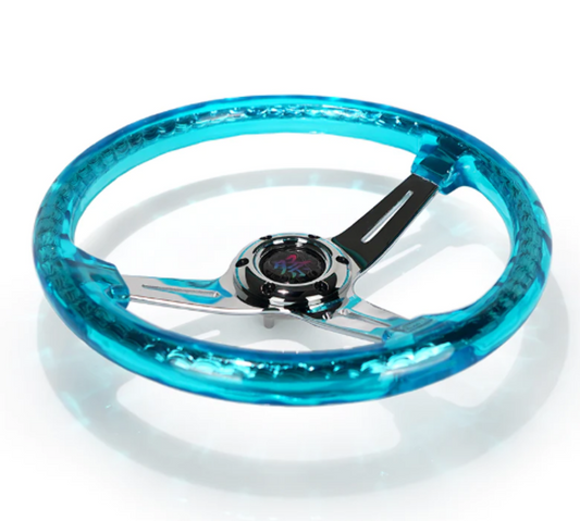 Reinforced Steering Wheel - "Matsuri" 350mm 2" Deep Dish Clear Acrylic Steering Wheel in Purple and Chrome spoke finish with slits.