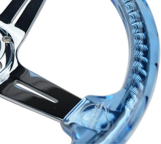 Reinforced Steering Wheel - "Matsuri" 350mm 2" Deep Dish Clear Acrylic Steering Wheel and NeoChrome spoke finish with slits.
