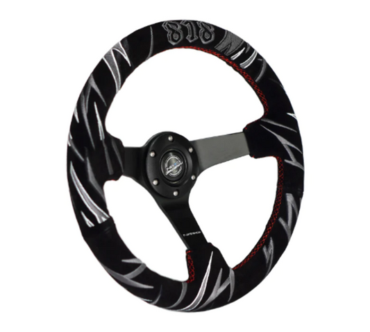 Reinforced Steering Wheel - Jeff Jones Racing Signature 3" Deep, 5mm matte black spoke, 350mm Sport Steering Wheel Black suede w/ red Stitching and Car livery Grey Embroidery