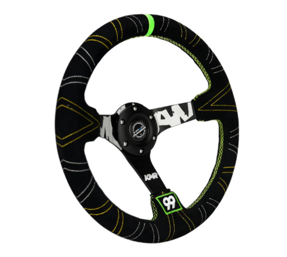 Reinforced Steering Wheel - Kyle Mohan Signature 3" Deep, 5mm matte black spoke, 350mm Sport Steering Wheel Black suede w/ Tri color stitching, Neon Green Stripe