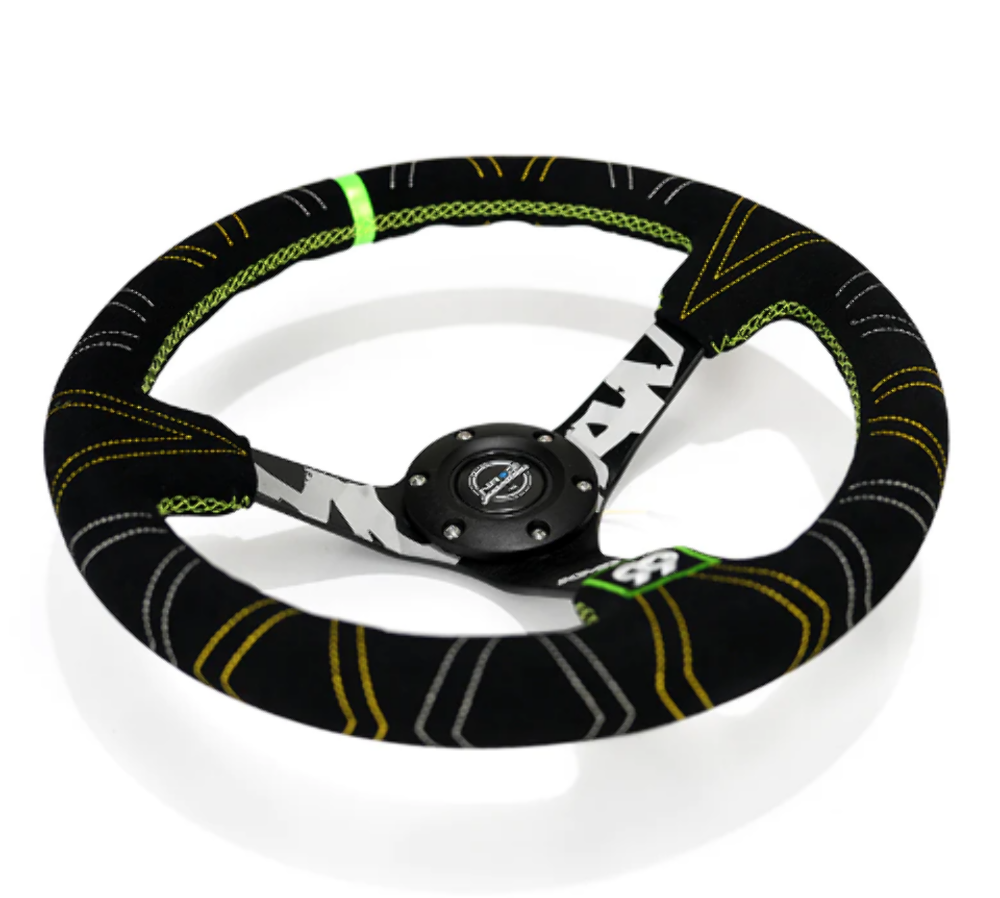 Reinforced Steering Wheel - Kyle Mohan Signature 3" Deep, 5mm matte black spoke, 350mm Sport Steering Wheel Black suede w/ Tri color stitching, Neon Green Stripe