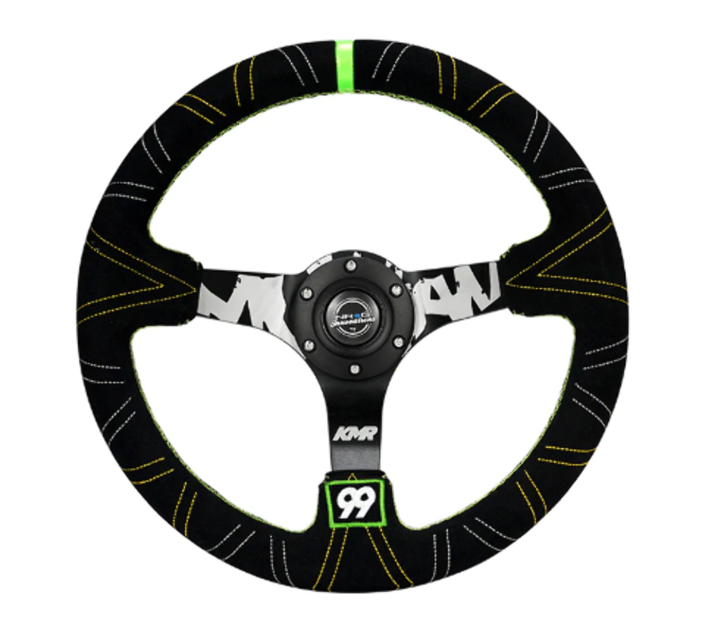 Reinforced Steering Wheel - Kyle Mohan Signature 3" Deep, 5mm matte black spoke, 350mm Sport Steering Wheel Black suede w/ Tri color stitching, Neon Green Stripe