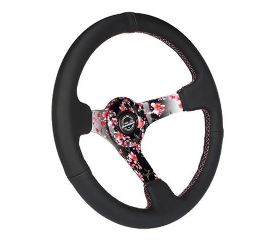 Reinforced Steering Wheel - Hydro Dipped Sakura Floral 3" Deep, 5mm spoke, 350mm Sport Steering Wheel Pink Suede w/ Black baseball stitching